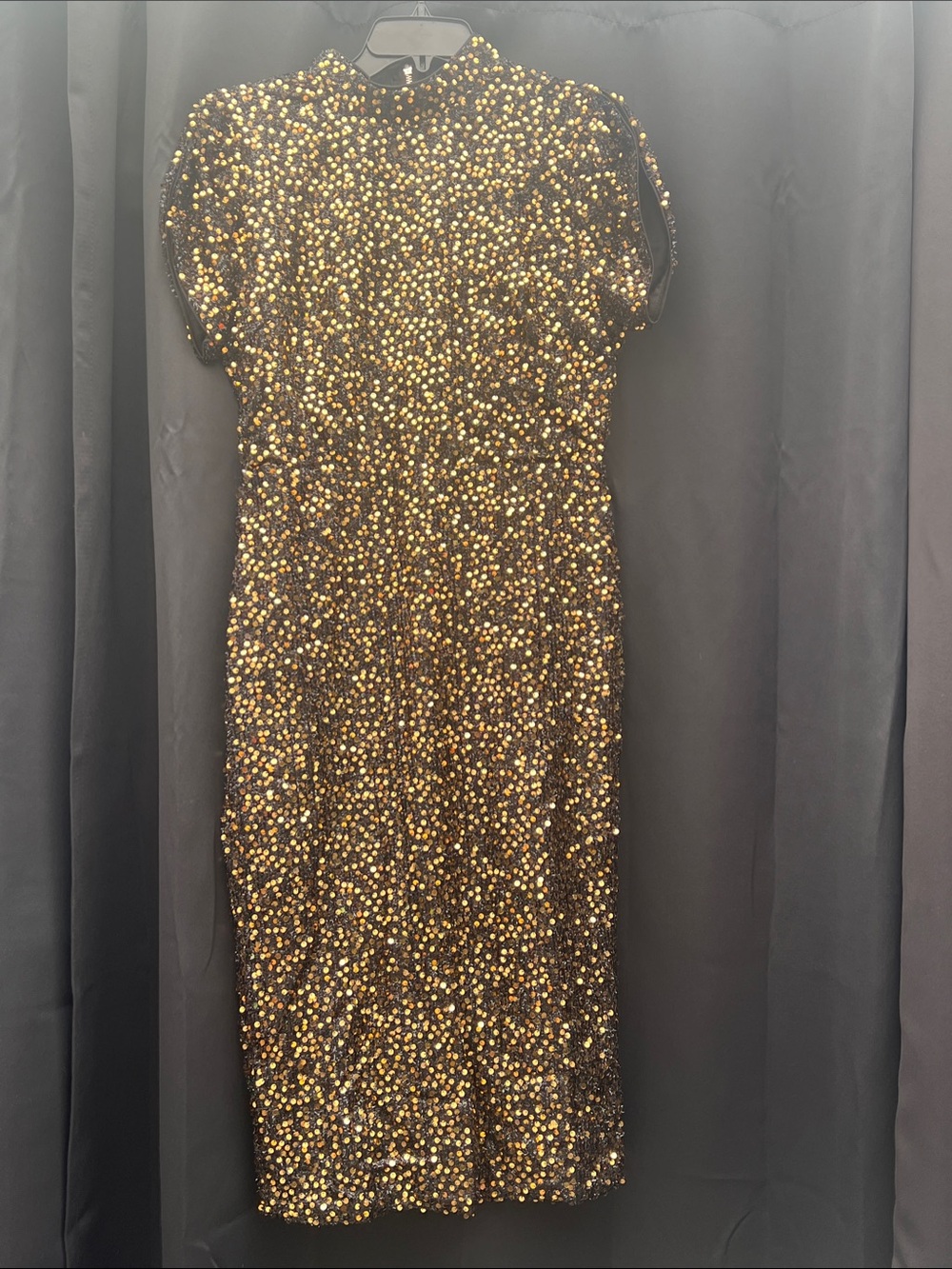 Black and Gold Sequin Midi Dress with High Neck